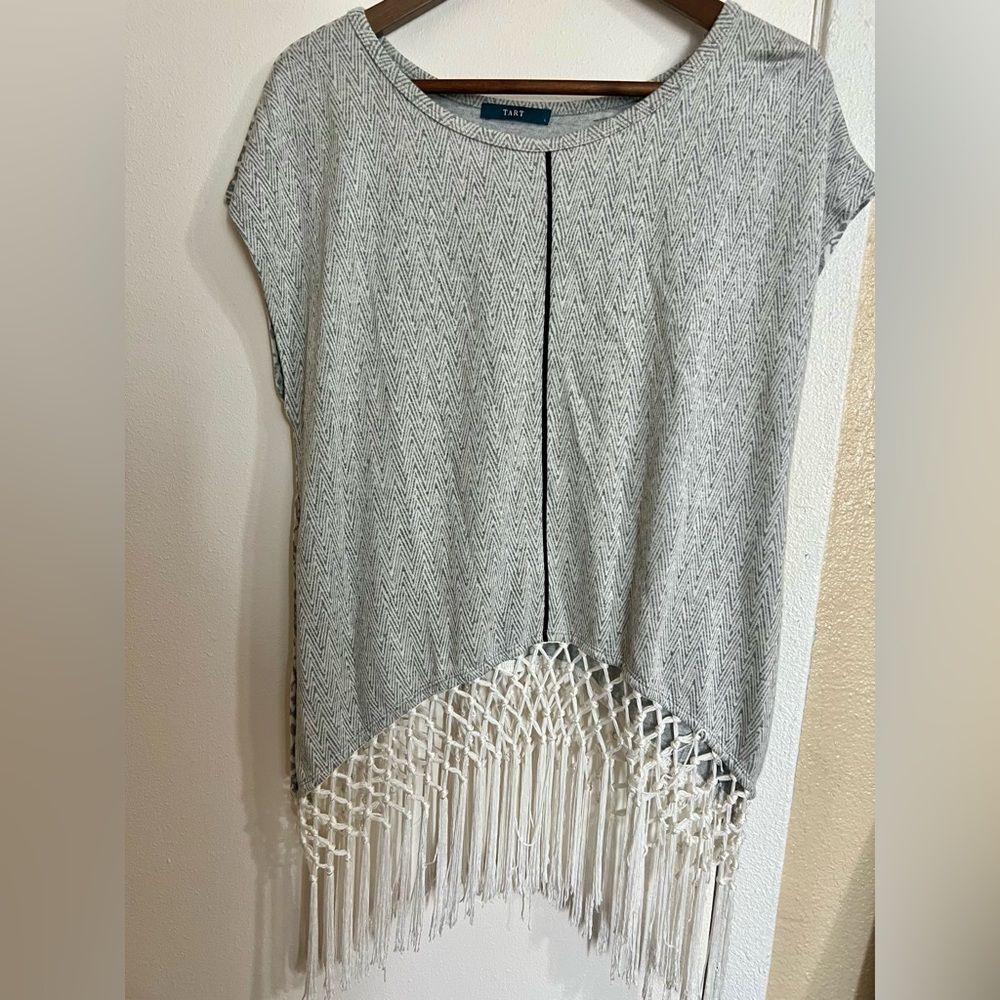 Tart Chastity Blouse Macrame Fringe Grey SzL Boho Chic Festival Top Fairycore